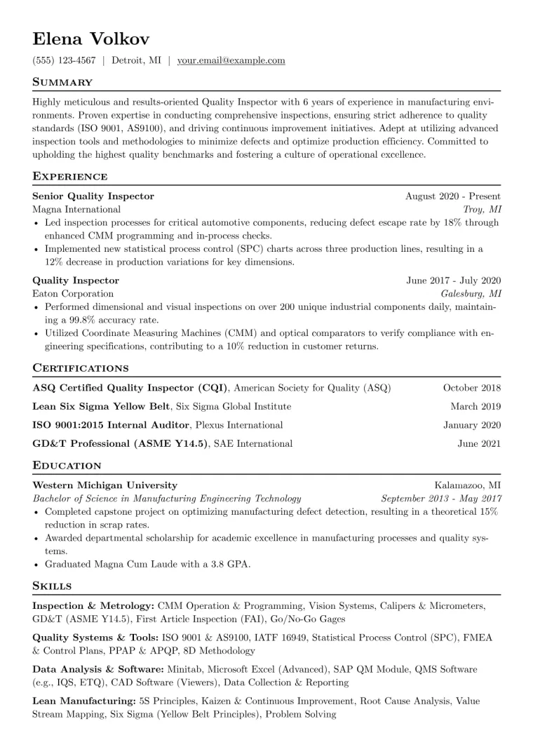 Quality Inspector Resume Example CV template preview