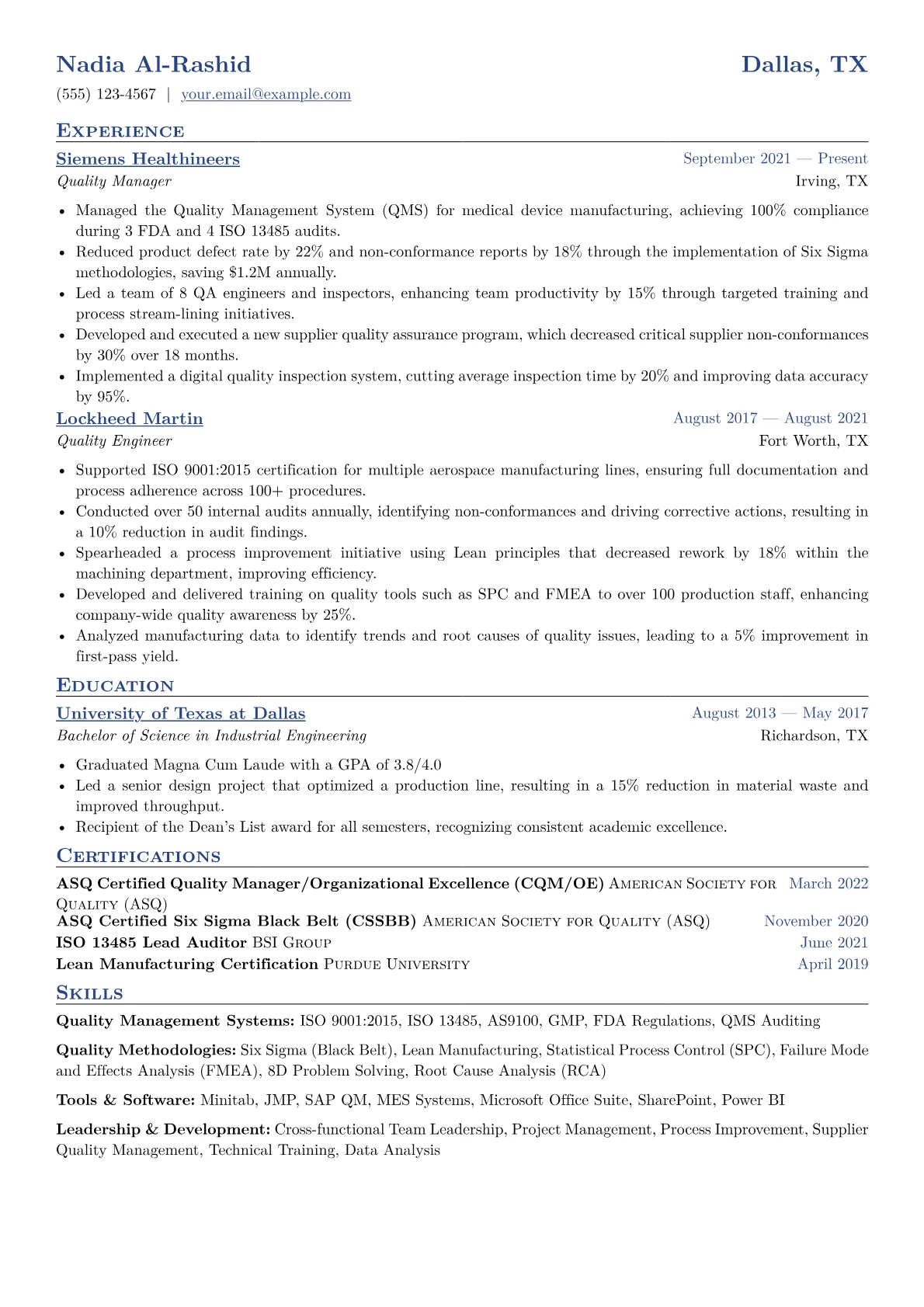 Quality Manager Resume Example CV template - Page 1