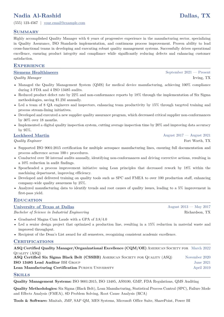 Quality Manager Resume Example CV template preview