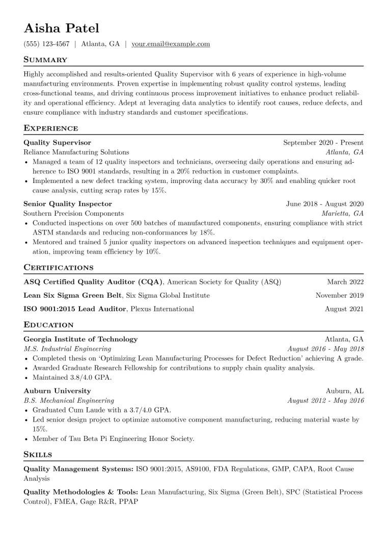 Quality Supervisor Resume Example CV template preview
