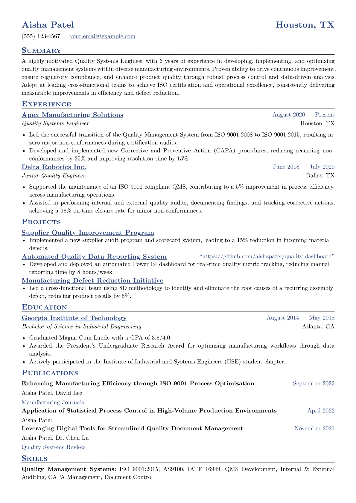 Quality Systems Engineer Resume Example CV template - Page 1