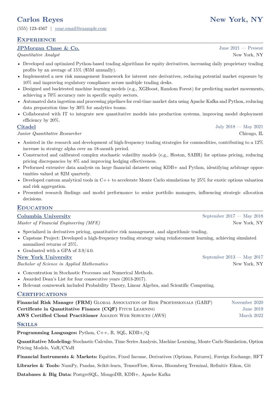 Quantitative Analyst Resume Example CV template - Page 1
