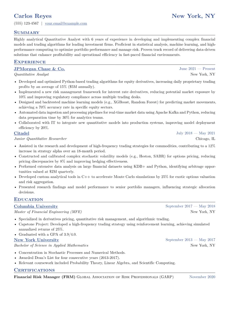 Quantitative Analyst Resume Example CV template preview