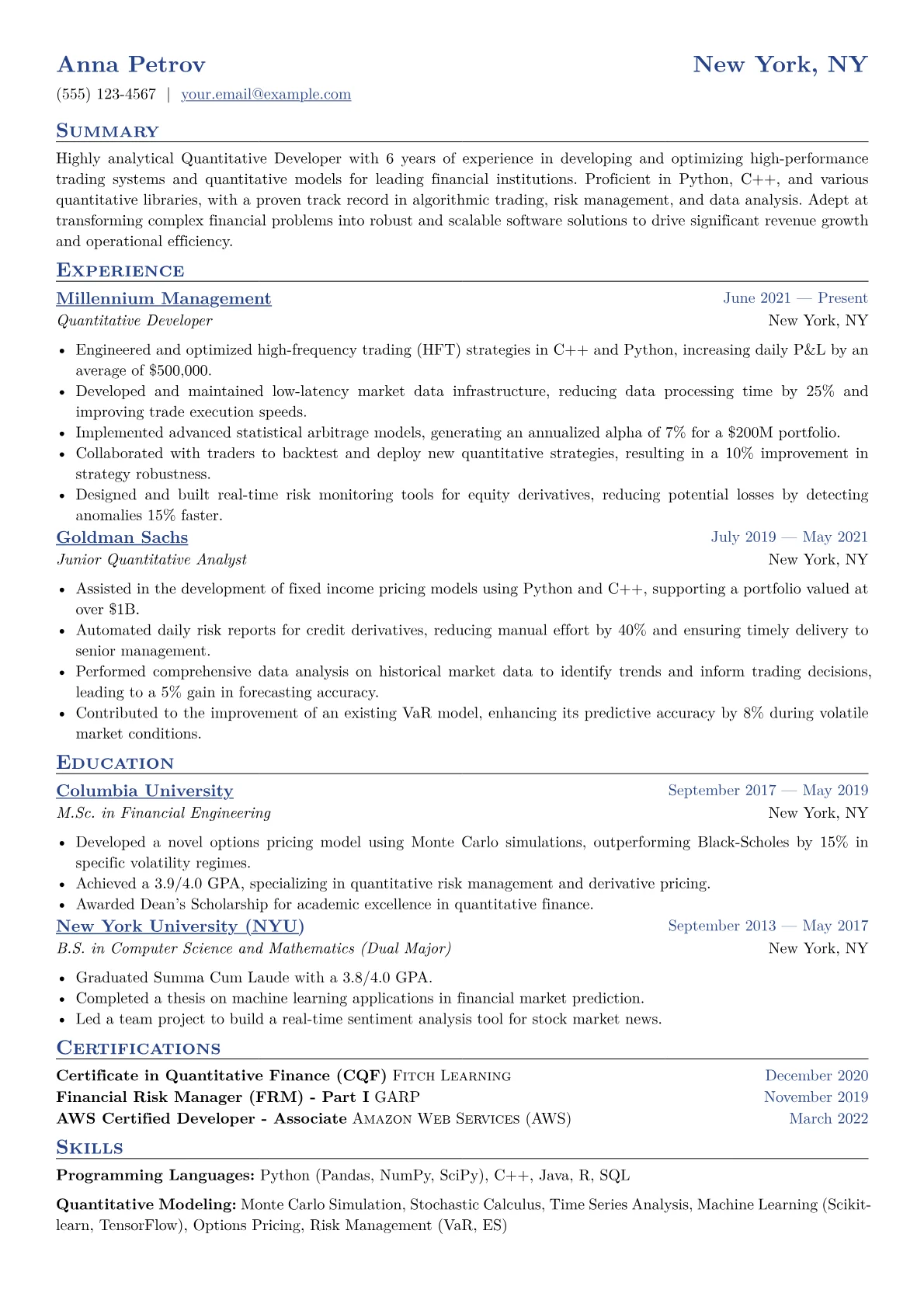Quantitative Developer Resume Example CV template - Page 1