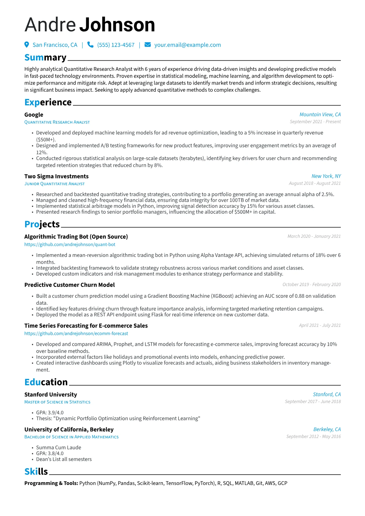 Quantitative Research Analyst Resume Example CV template - Page 1