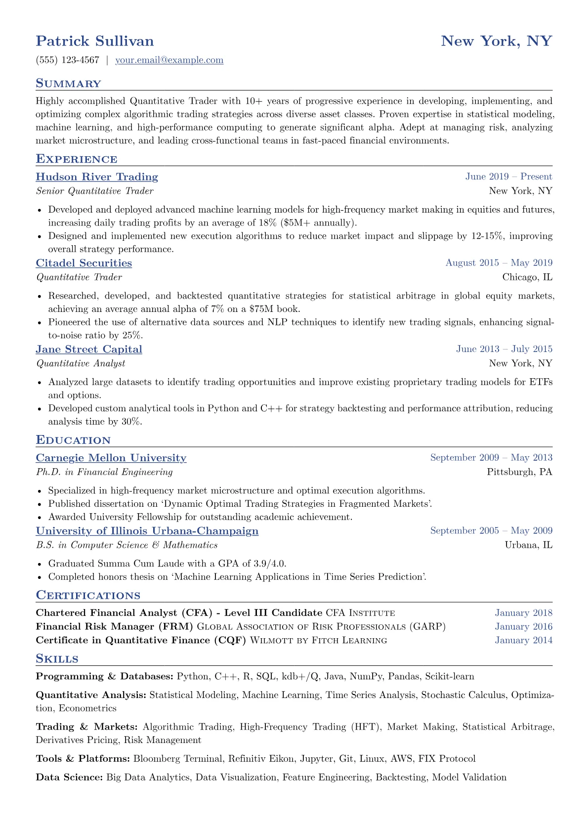 Quantitative Trader Resume Example CV template - Page 1