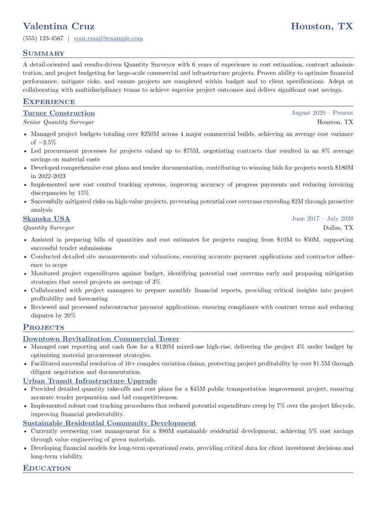 Quantity Surveyor Resume Example CV template preview