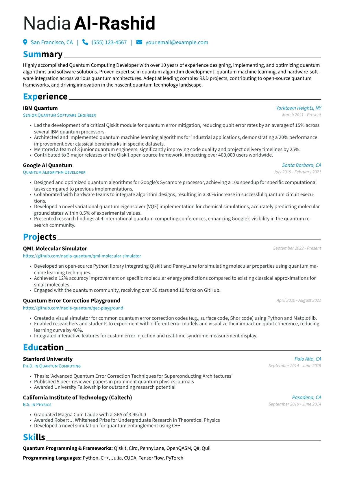 Quantum Computing Developer Resume Example CV template - Page 1