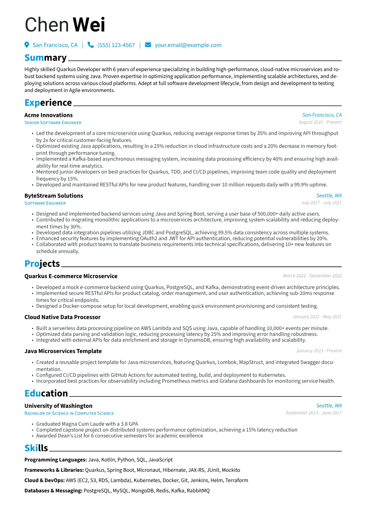Quarkus Developer Resume Example CV template - Page 1