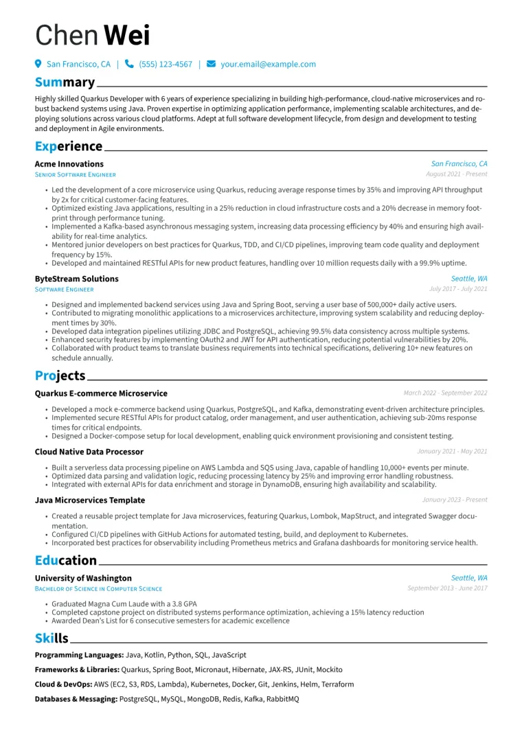 Quarkus Developer Resume Example CV template preview