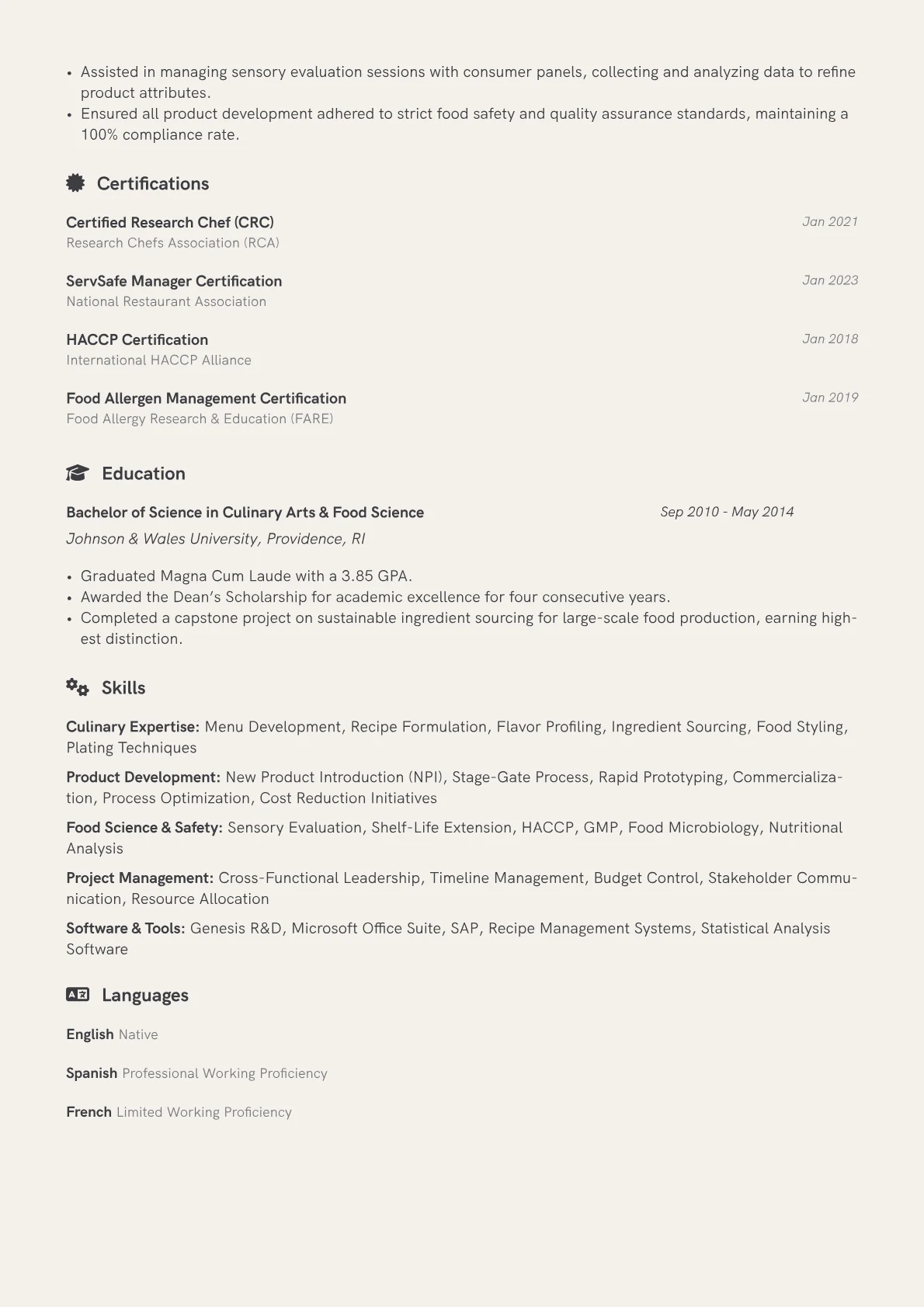 R&D Chef Resume Example CV template - Page 2