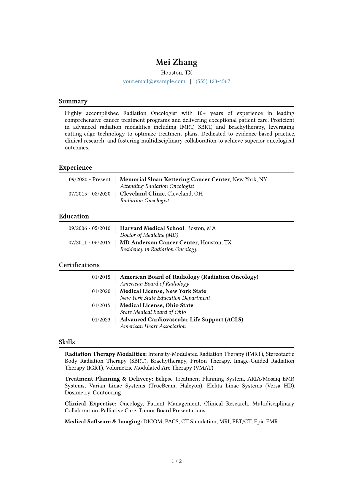 Radiation Oncologist Resume Example CV template - Page 1
