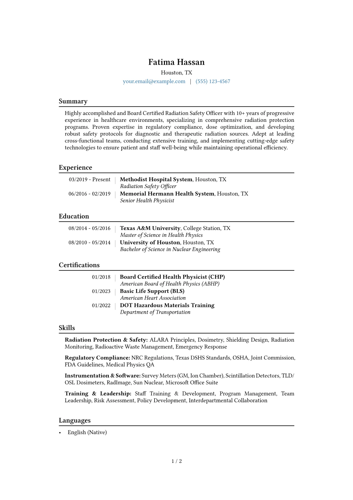 Radiation Safety Officer Resume Example CV template - Page 1