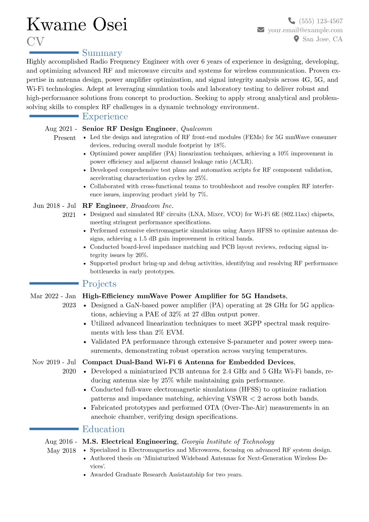 Radio Frequency Engineer Resume Example CV template - Page 1