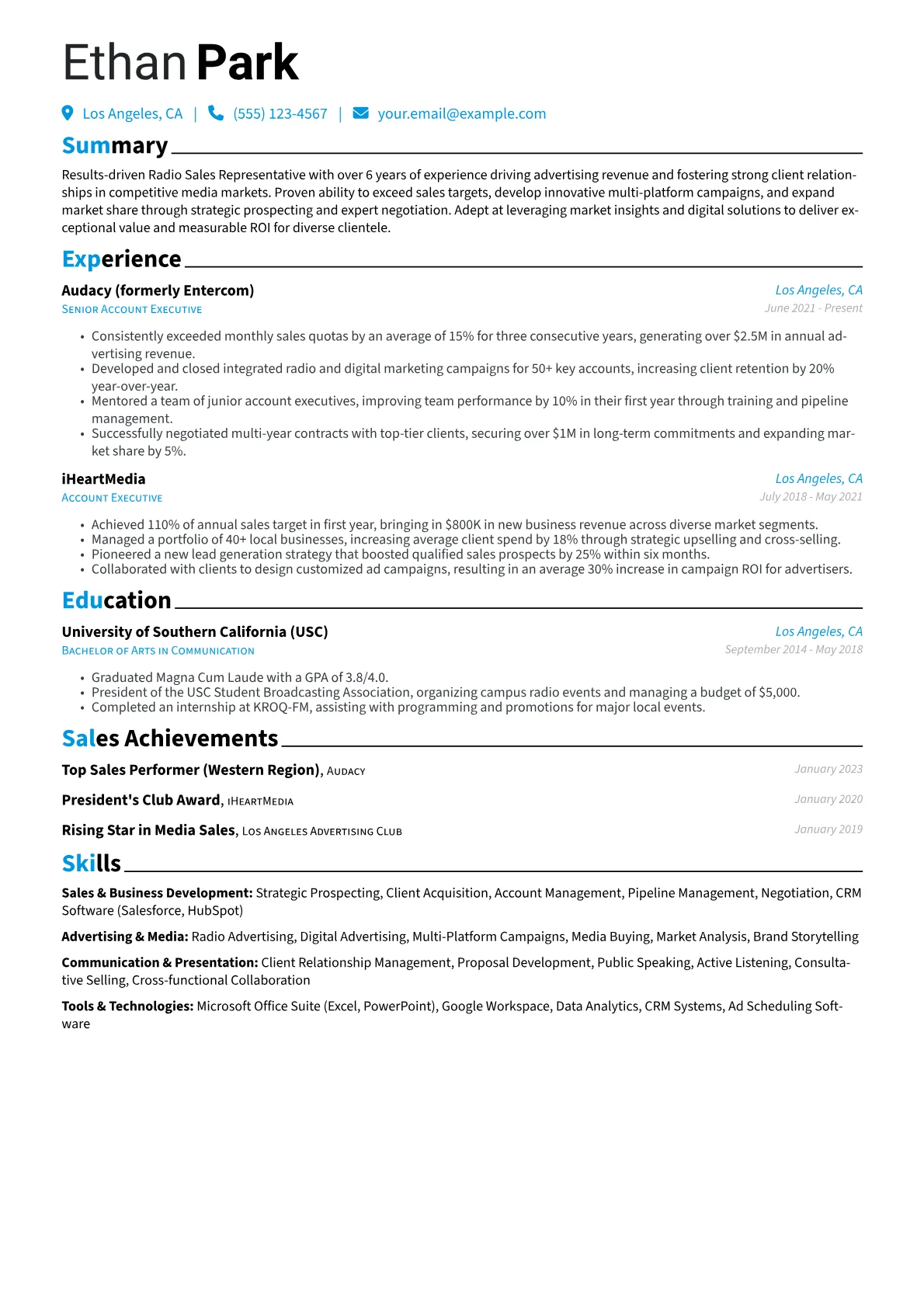 Radio Sales Representative Resume Example CV template - Page 1