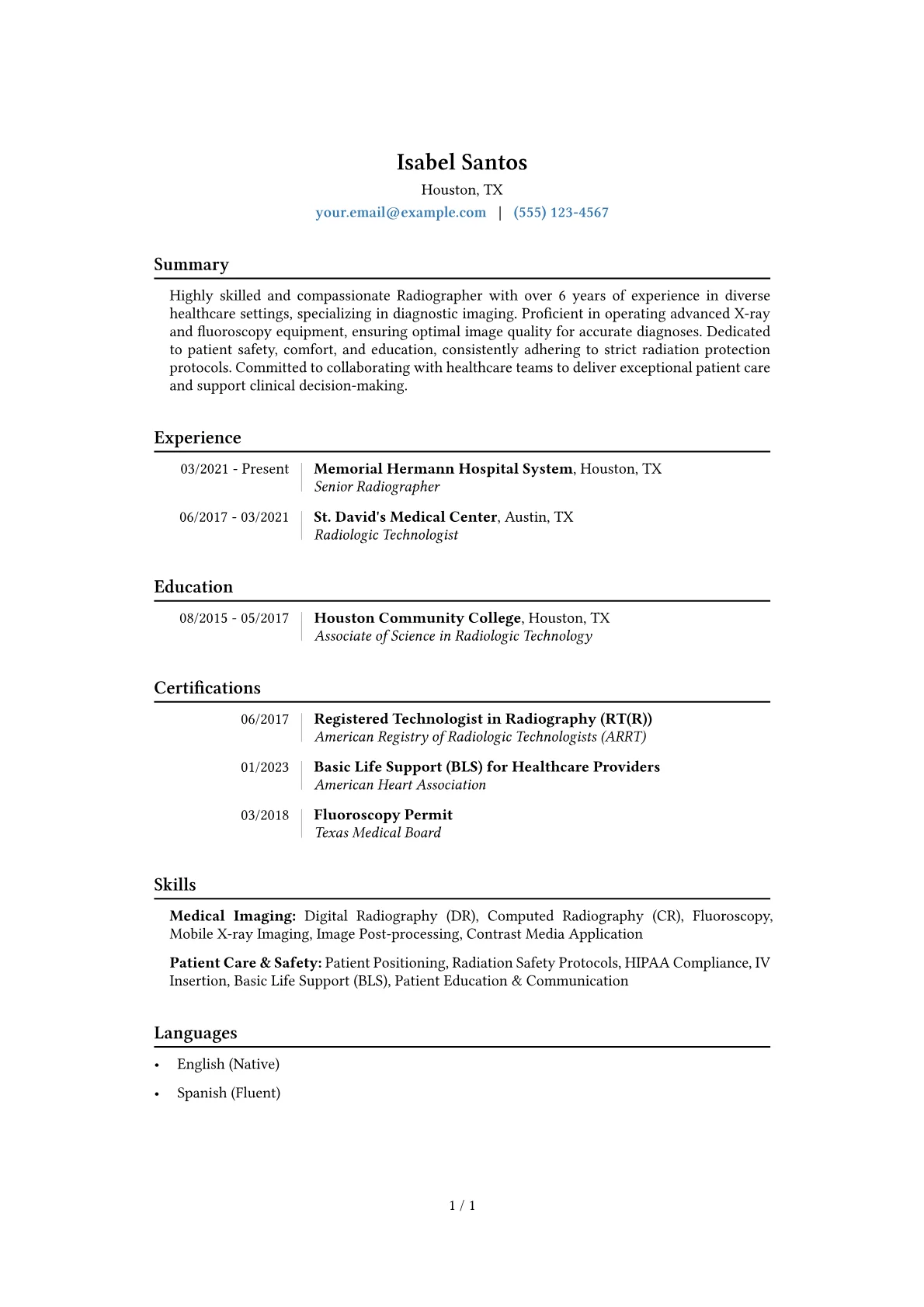 Radiographer Resume Example CV template - Page 1