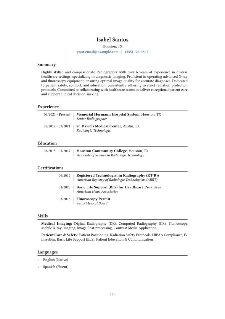 Radiographer Resume Example CV template preview