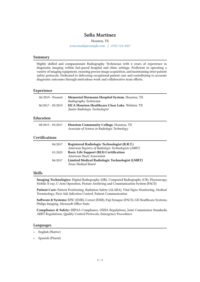 Radiography Technician Resume Example CV template preview