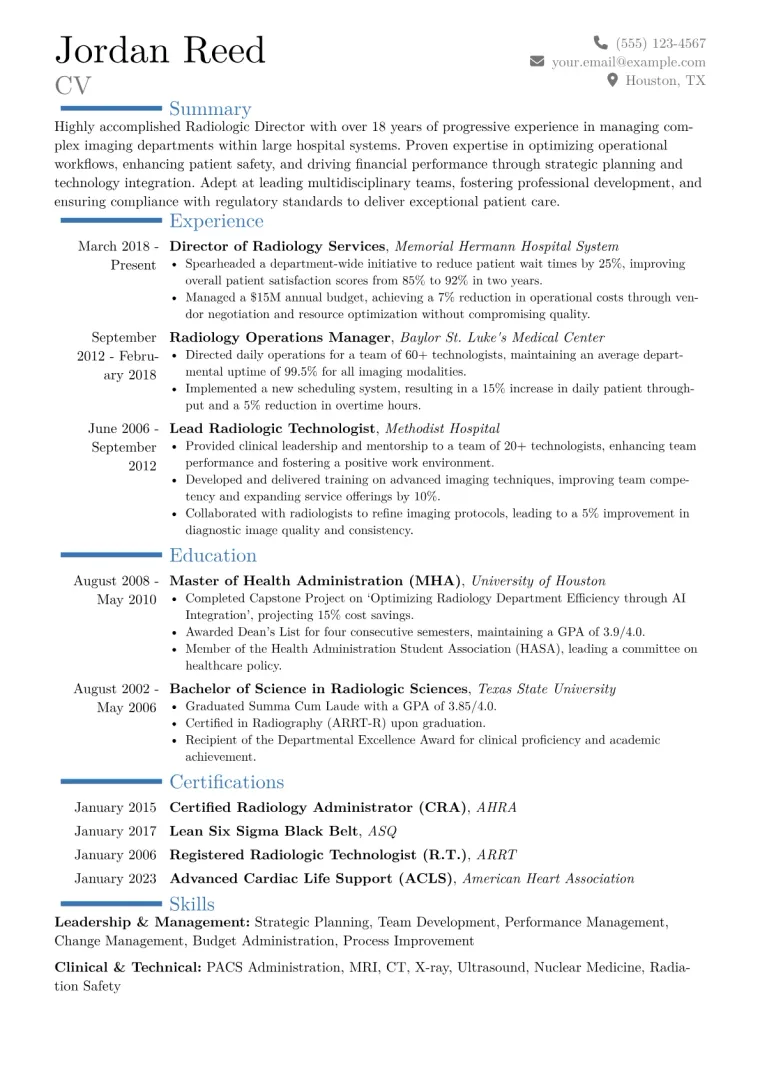 Radiologic Director Resume Example CV template preview