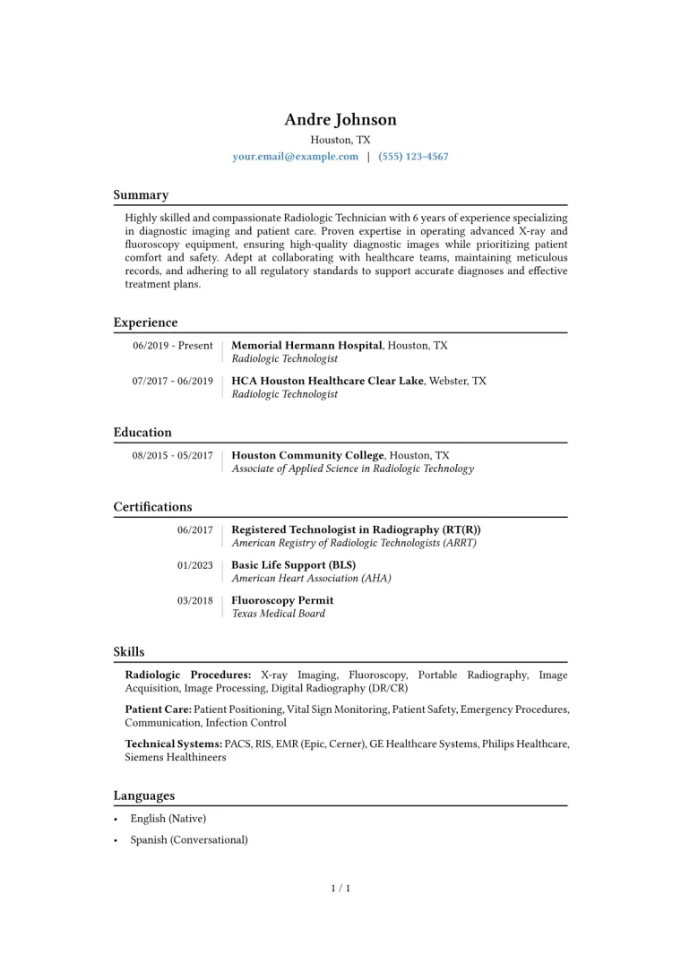 Radiologic Technician Resume Example CV template preview