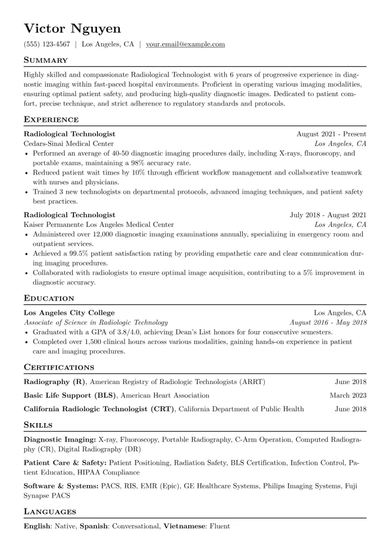 Radiological Technologist Resume Example CV template preview