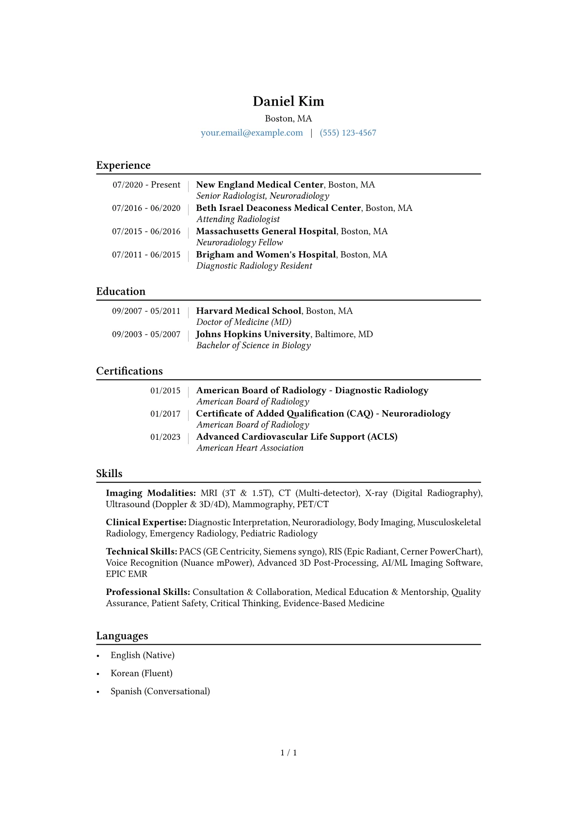 Radiologist Resume Example CV template - Page 1