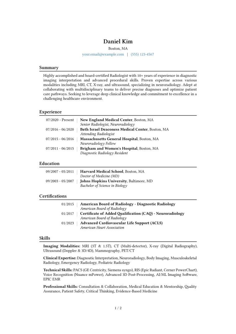 Radiologist Resume Example CV template preview