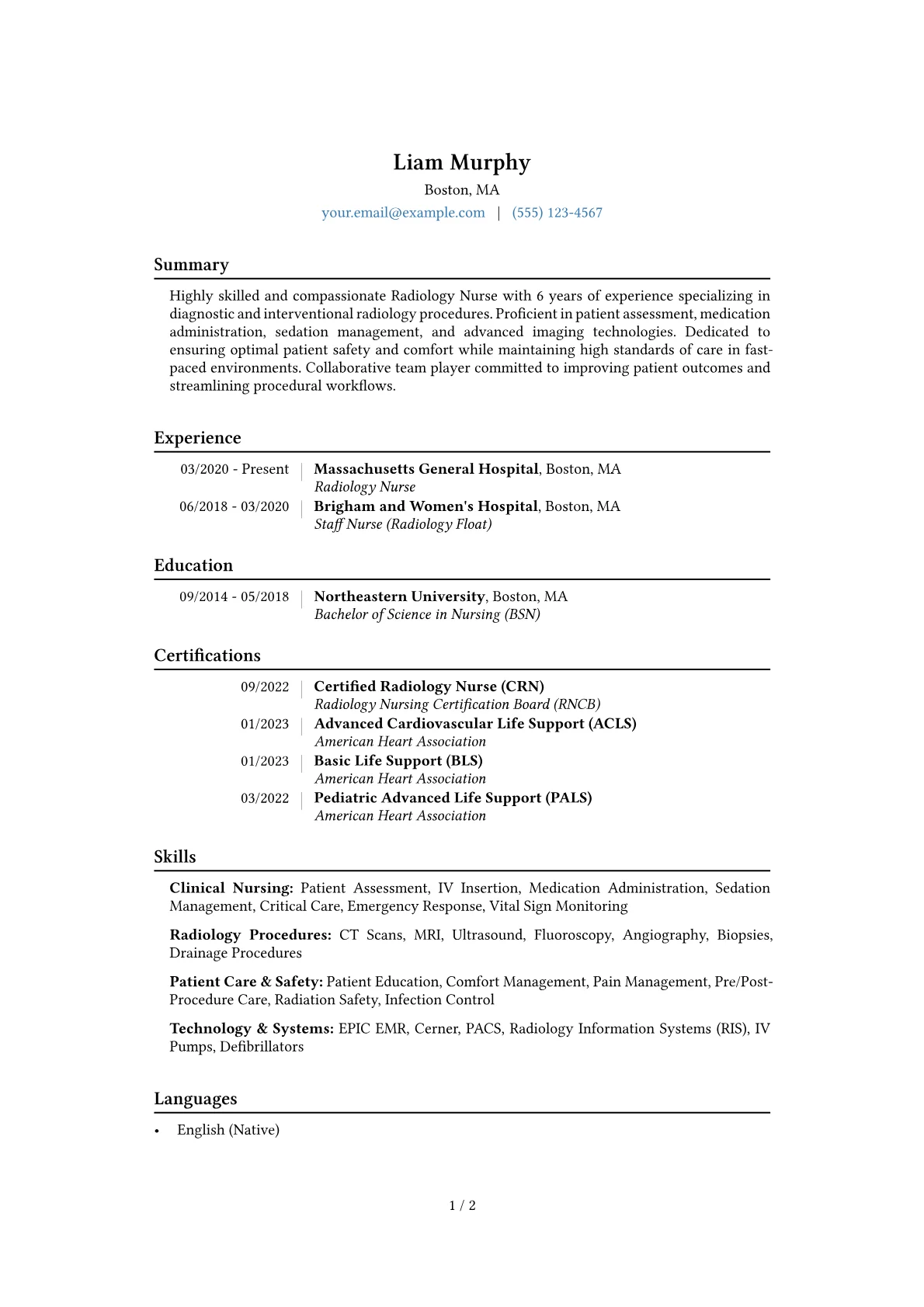 Radiology Nurse Resume Example CV template - Page 1