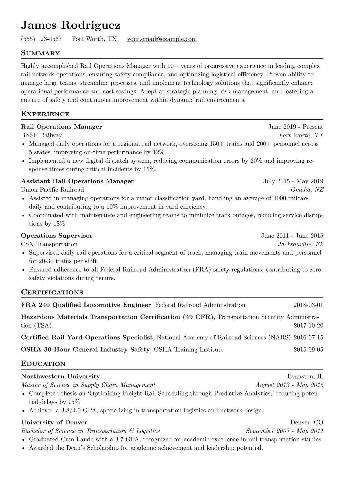 Rail Operations Manager Resume Example CV template - Page 1