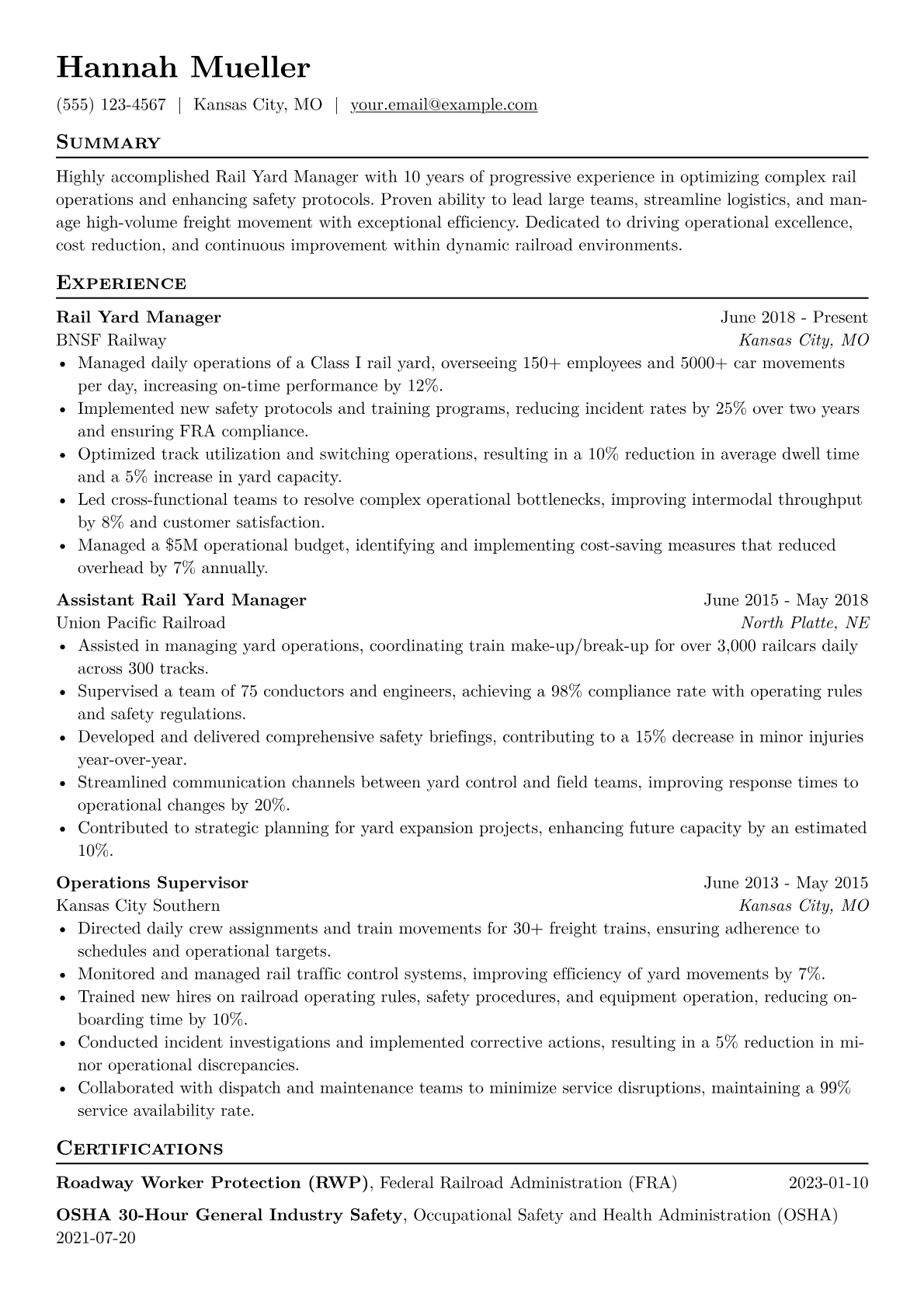 Rail Yard Manager Resume Example CV template - Page 1