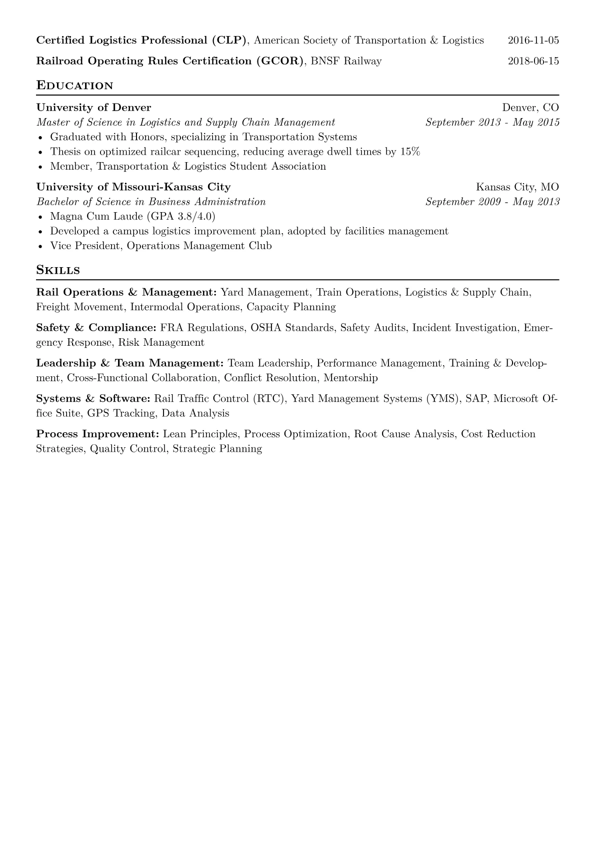 Rail Yard Manager Resume Example CV template - Page 2
