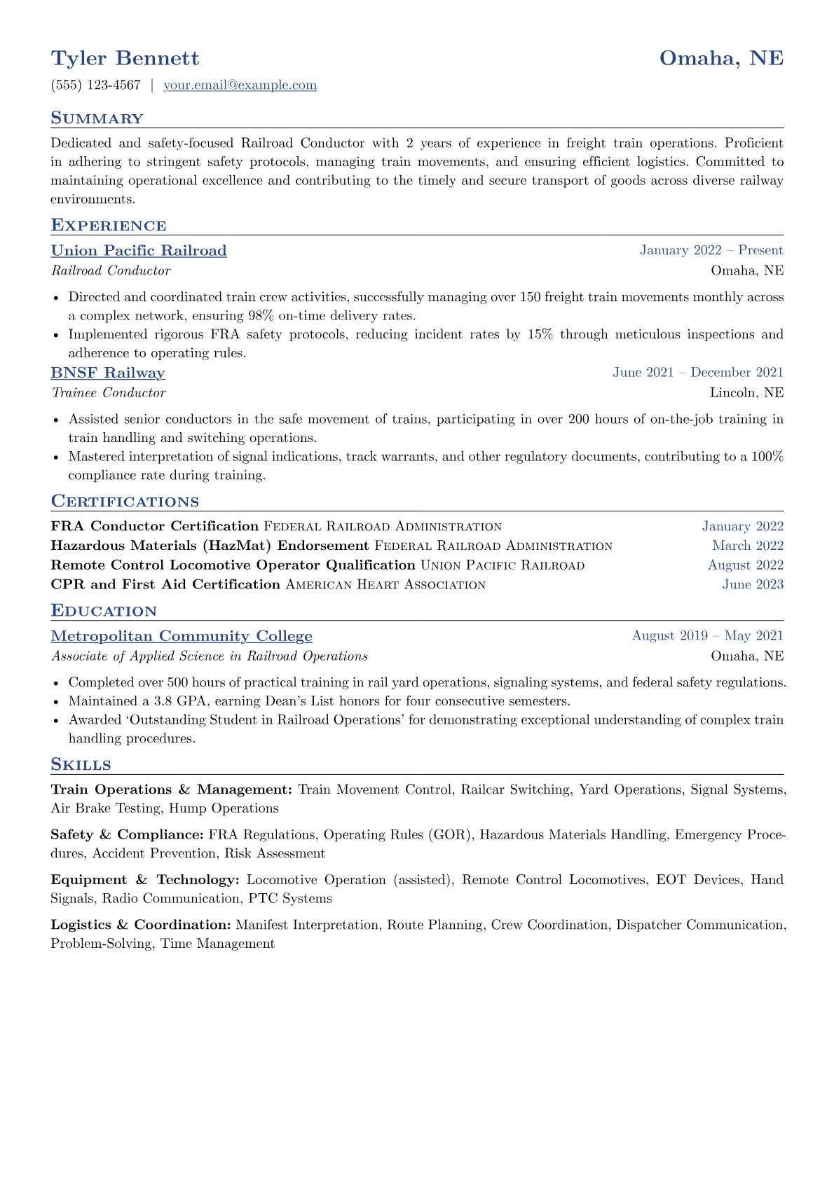 Railroad Conductor Resume Example CV template - Page 1