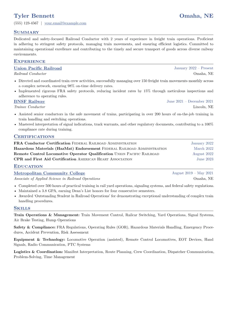 Railroad Conductor Resume Example CV template preview