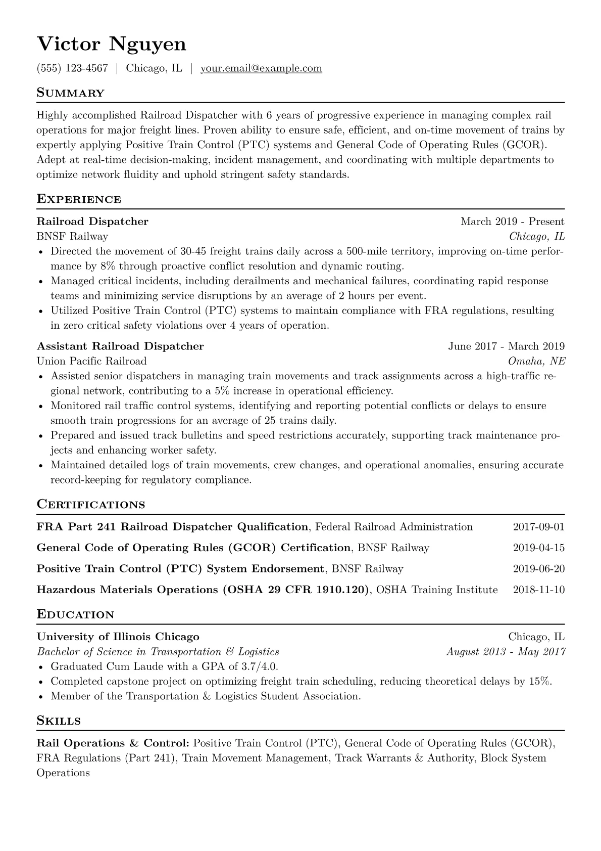 Railroad Dispatcher Resume Example CV template - Page 1