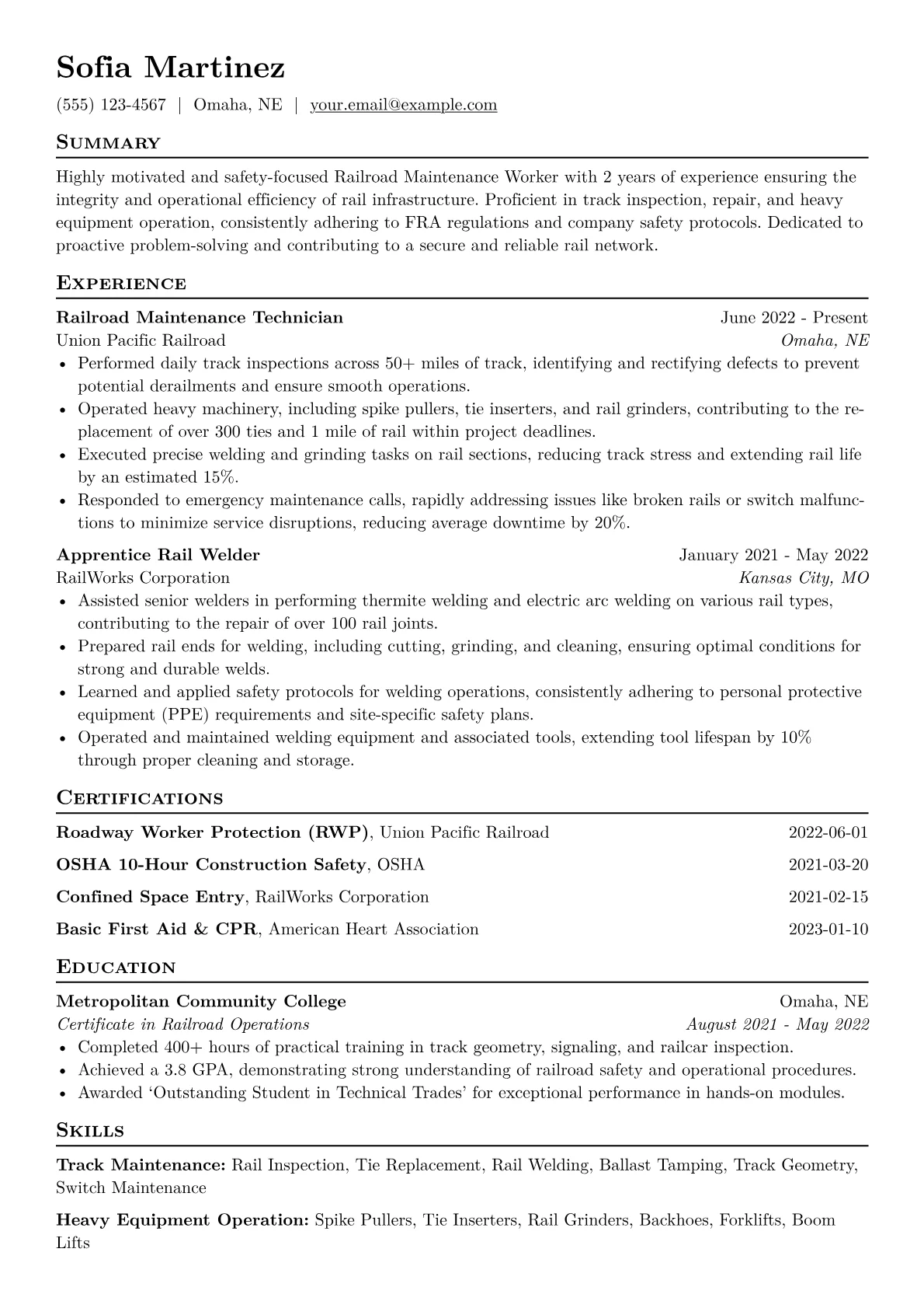 Railroad Maintenance Worker Resume Example CV template - Page 1