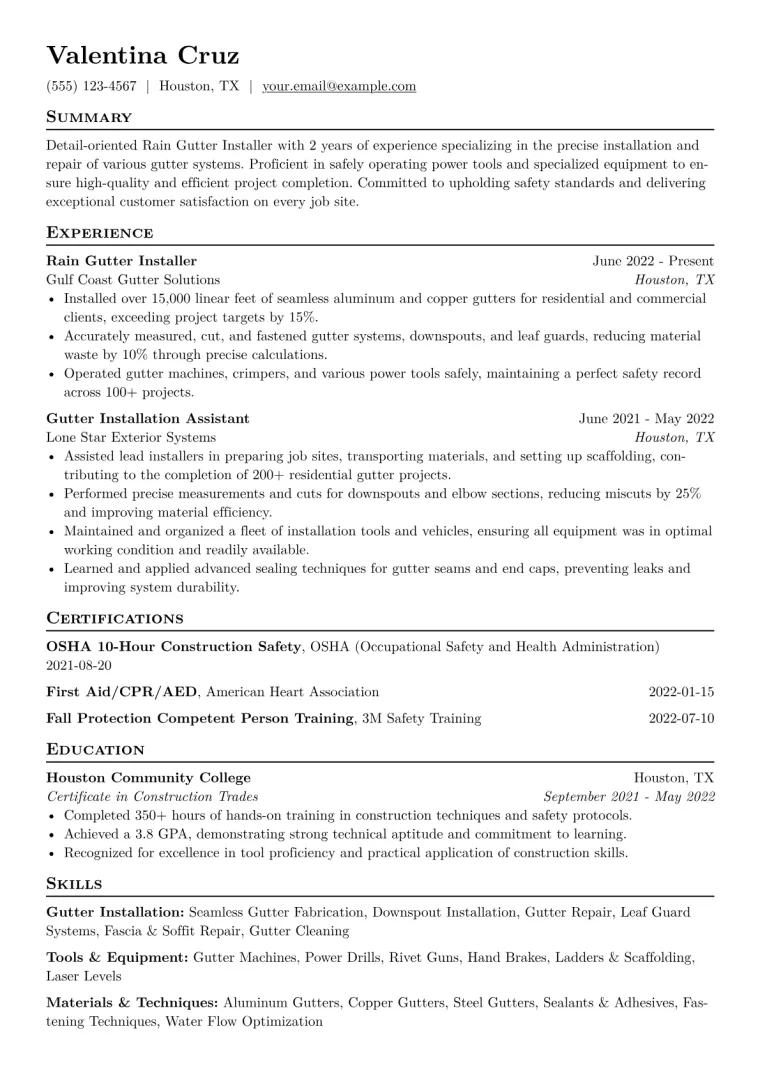 Rain Gutter Installer Resume Example CV template preview