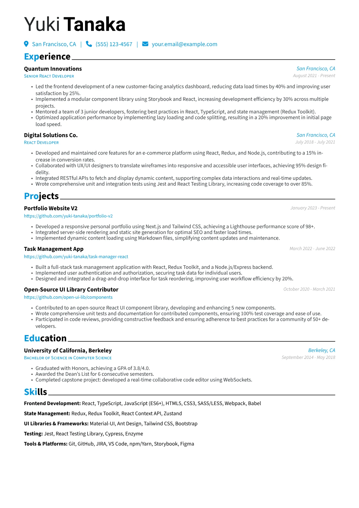 React Developer Resume Example CV template - Page 1