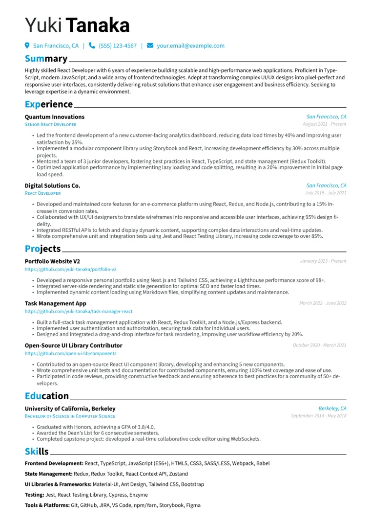 React Developer Resume Example CV template preview