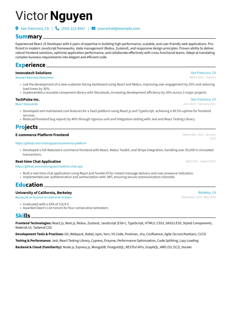 React JS Developer Resume Example CV template preview