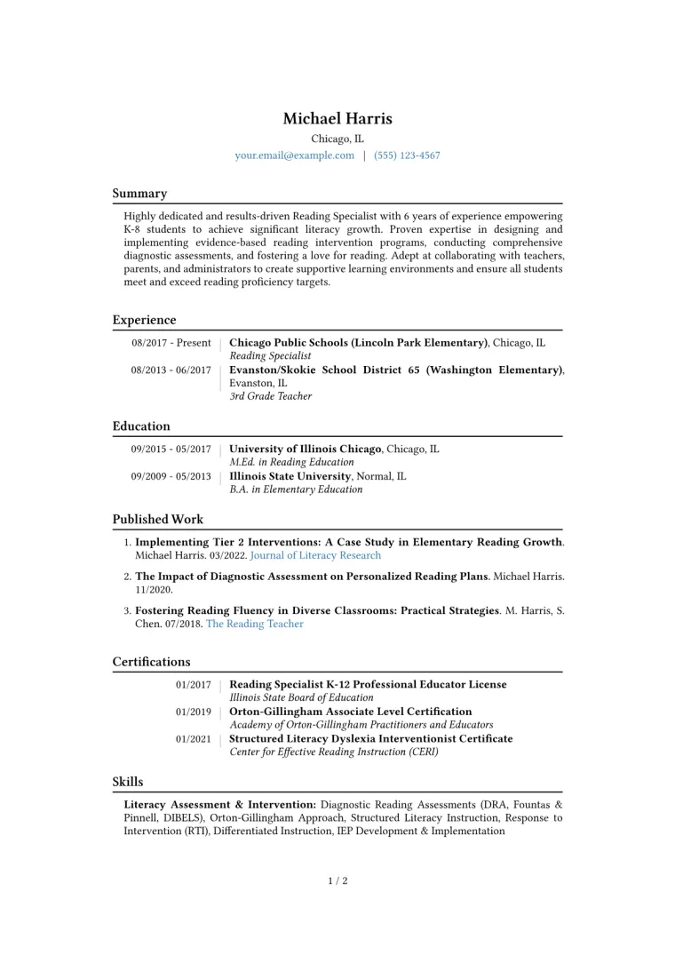 Reading Specialist Resume Example CV template preview