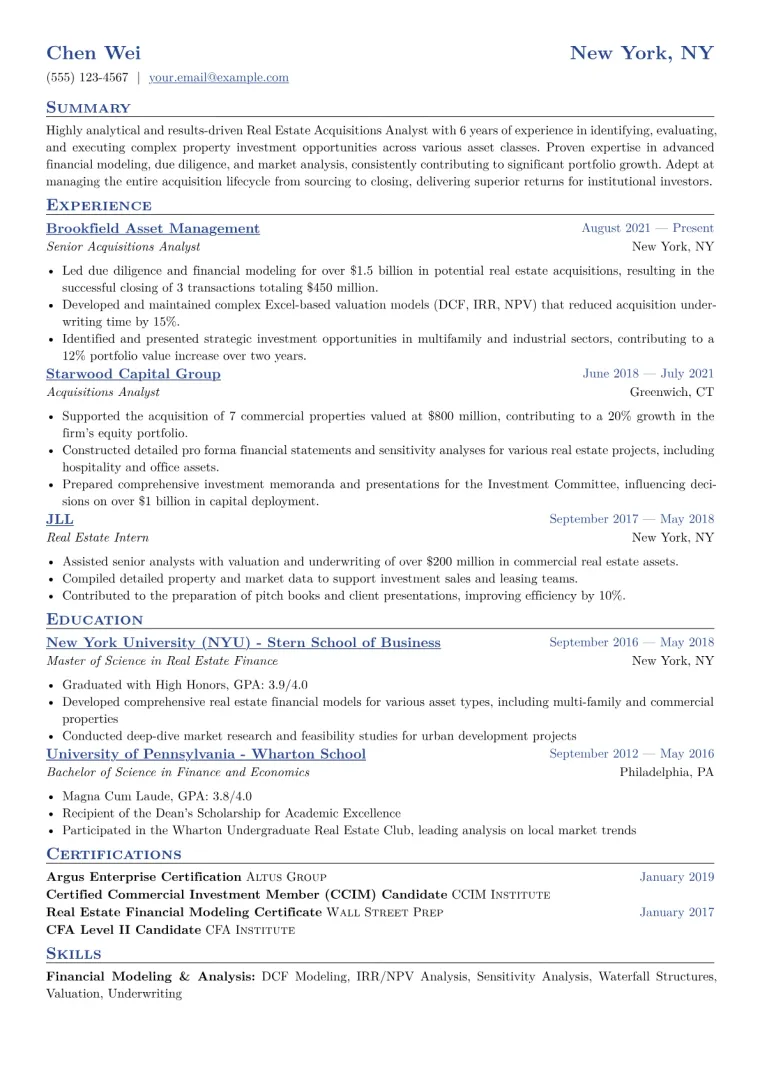 Real Estate Acquisitions Analyst Resume Example CV template preview
