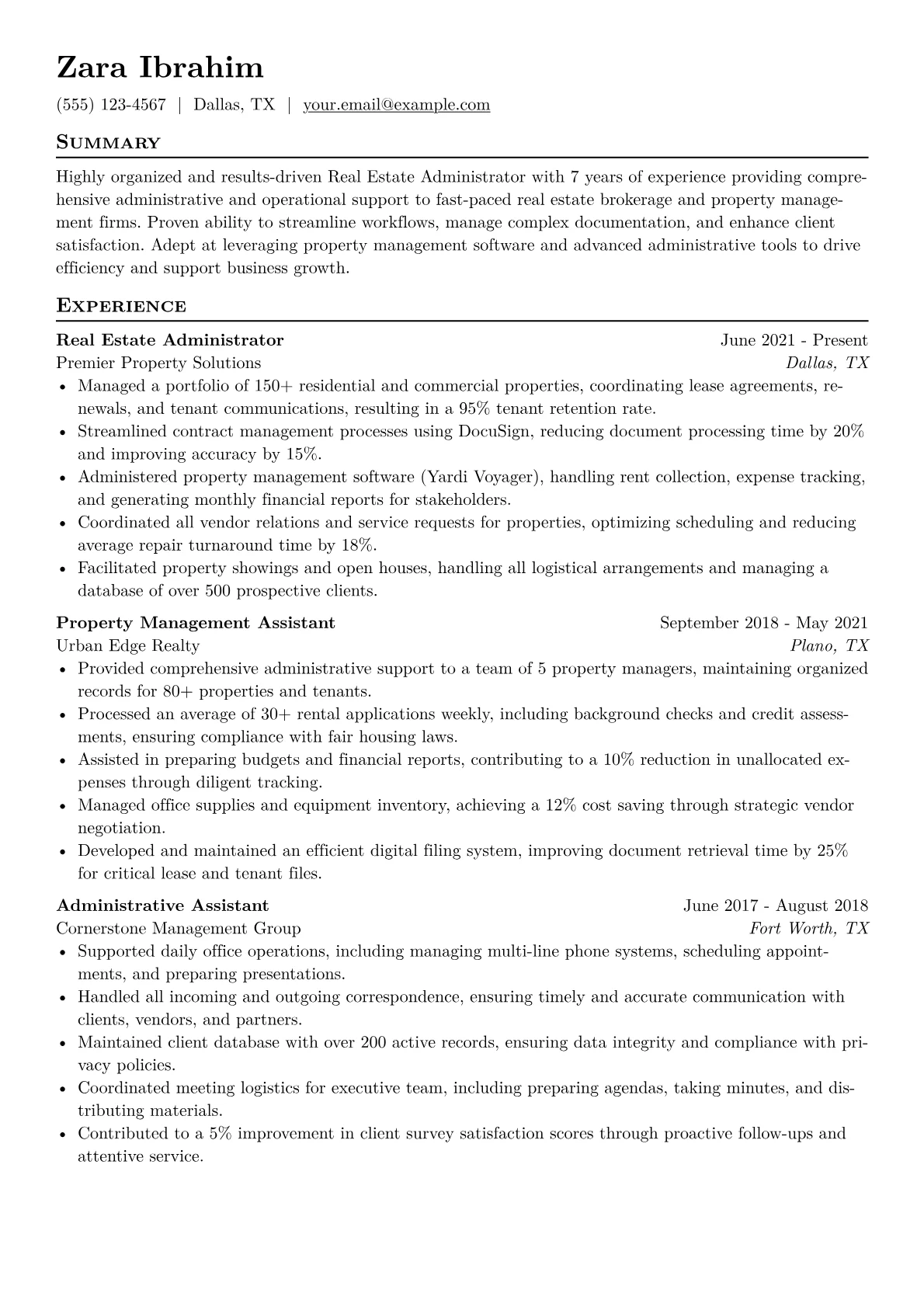 Real Estate Administrator Resume Example CV template - Page 1