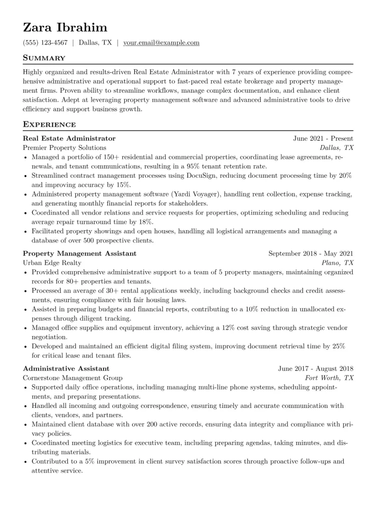 Real Estate Administrator Resume Example CV template preview