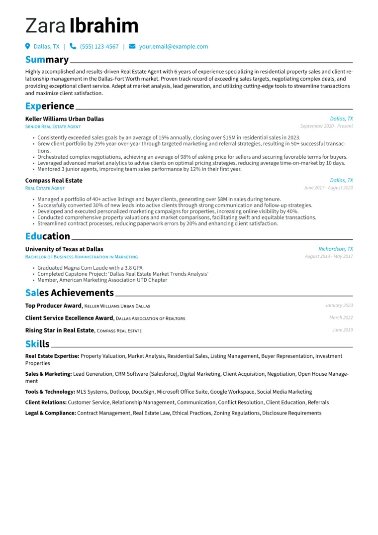 Real Estate Agent Resume Example CV template preview