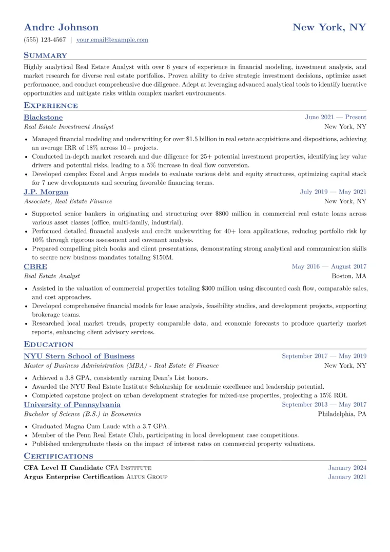 Real Estate Analyst Resume Example CV template preview