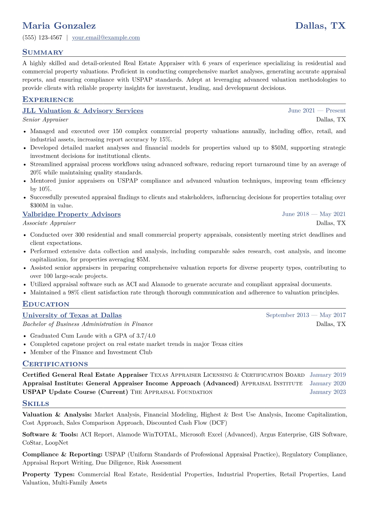 Real Estate Appraiser Resume Example CV template - Page 1