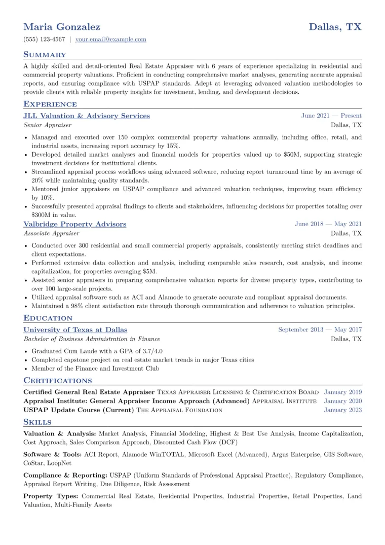Real Estate Appraiser Resume Example CV template preview