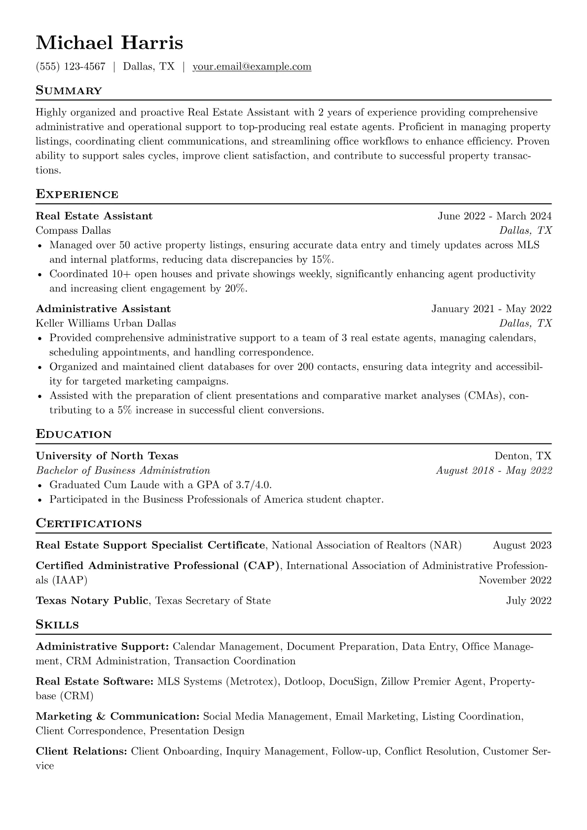 Real Estate Assistant Resume Example CV template - Page 1