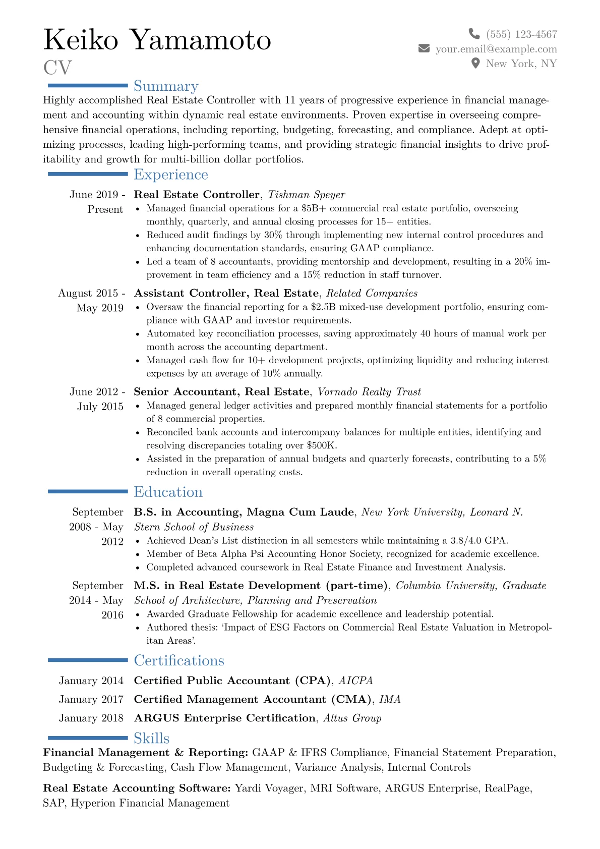 Real Estate Controller Resume Example CV template - Page 1