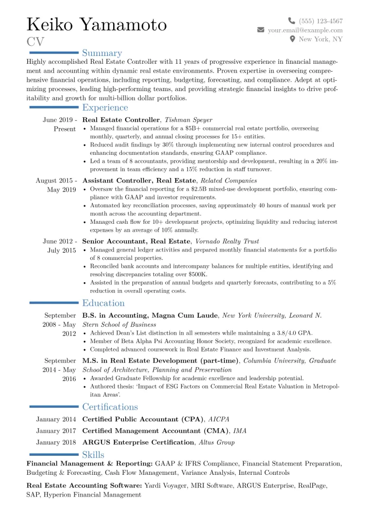 Real Estate Controller Resume Example CV template preview